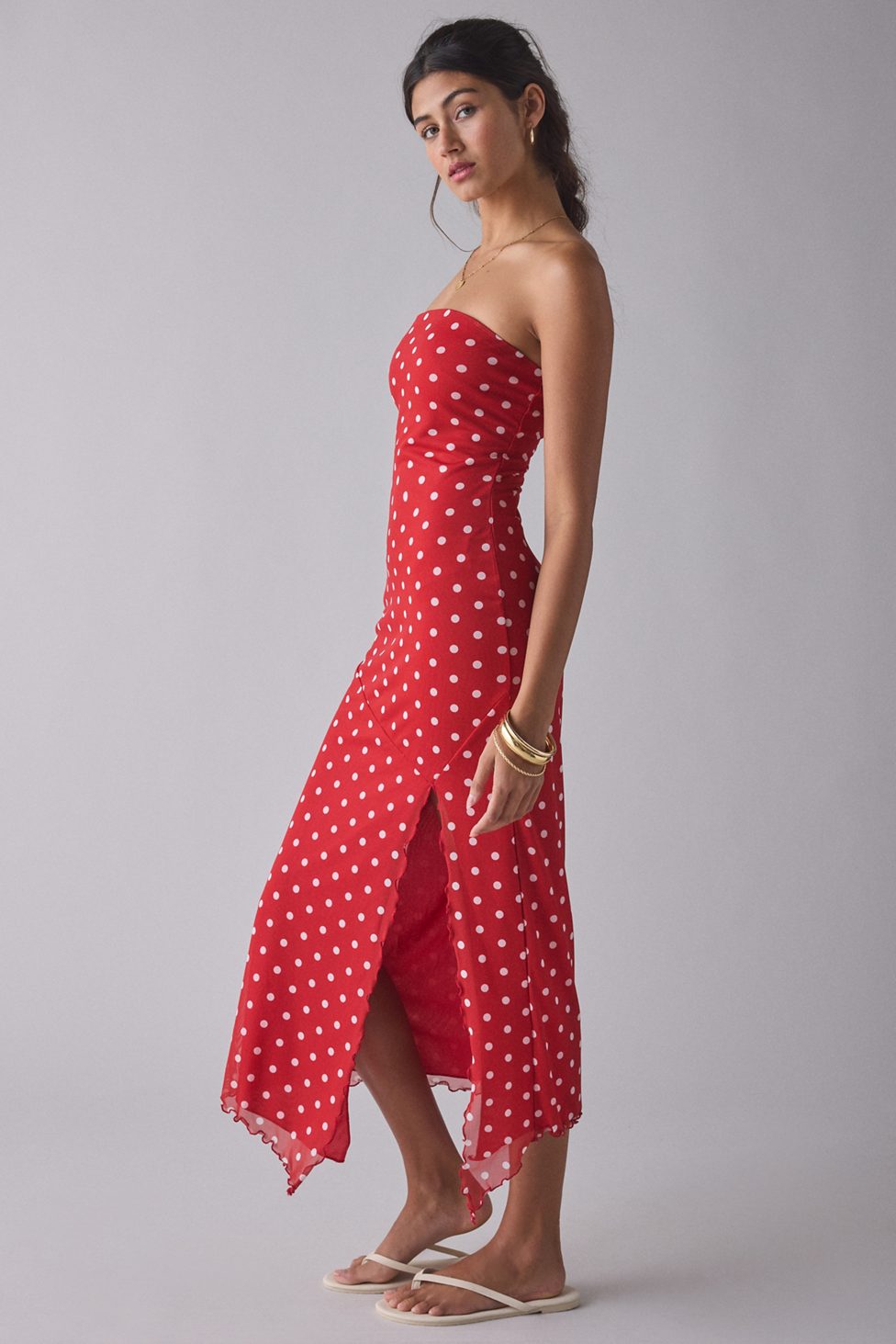 UO Samara Mesh Strapless Midi Dress - Red Polka Dot