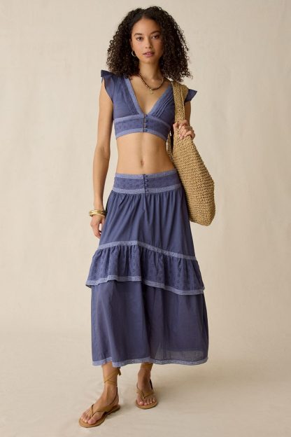 Kimchi Blue Seaside Splash Ruffle Lace Trim Midi Skirt 2-Piece Set - Navy