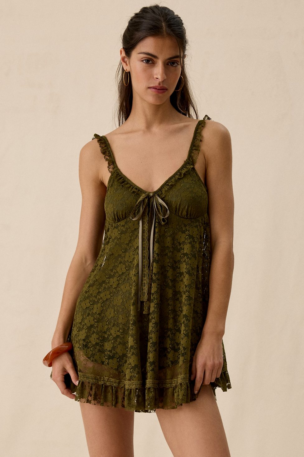 UO Primrose Lace Babydoll Romper - Olive