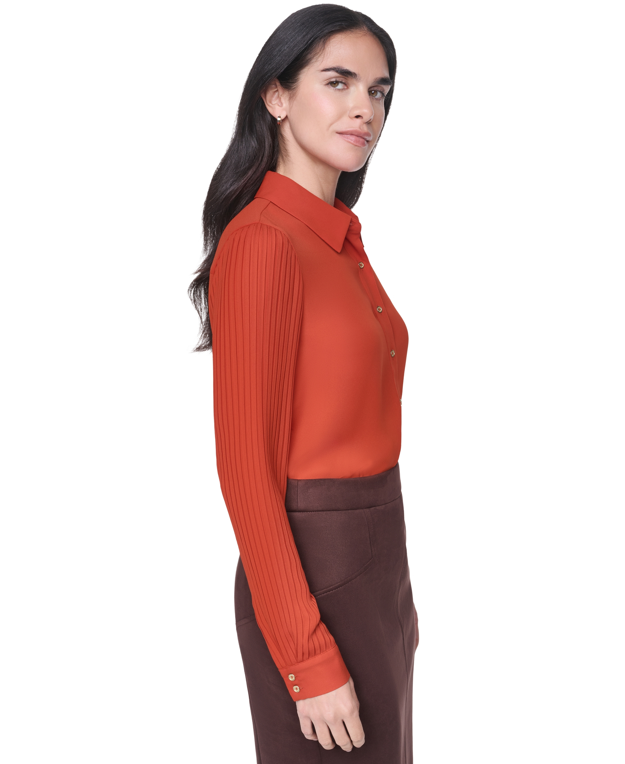 Tommy Hilfiger Women's Long-Sleeve Button-Front Pleated-Sleeve Blouse - Paprika