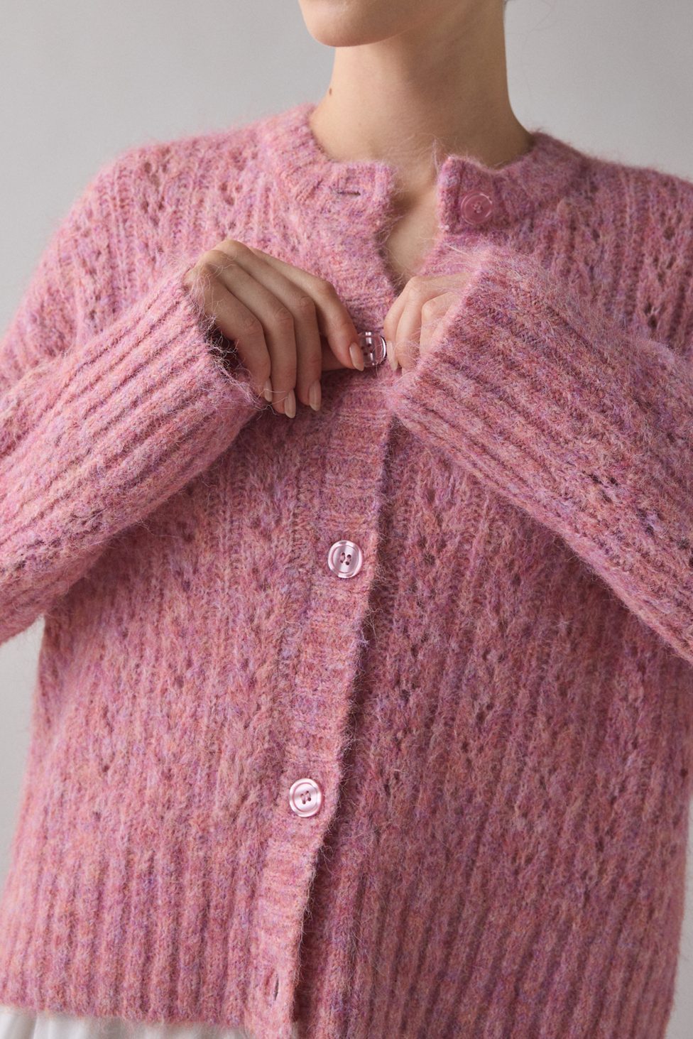 BDG Becca Brushed Pointelle Knit Oversized Cardigan - Pink