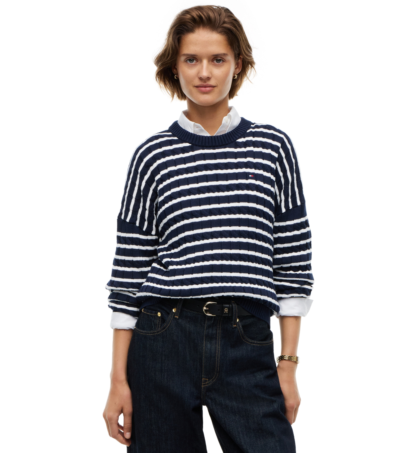 Tommy Hilfiger Women's Cable-Knit Crewneck Sweater - Breton Stp Dark Blue Ecru