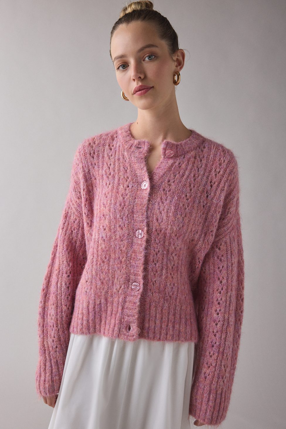 BDG Becca Brushed Pointelle Knit Oversized Cardigan - Pink