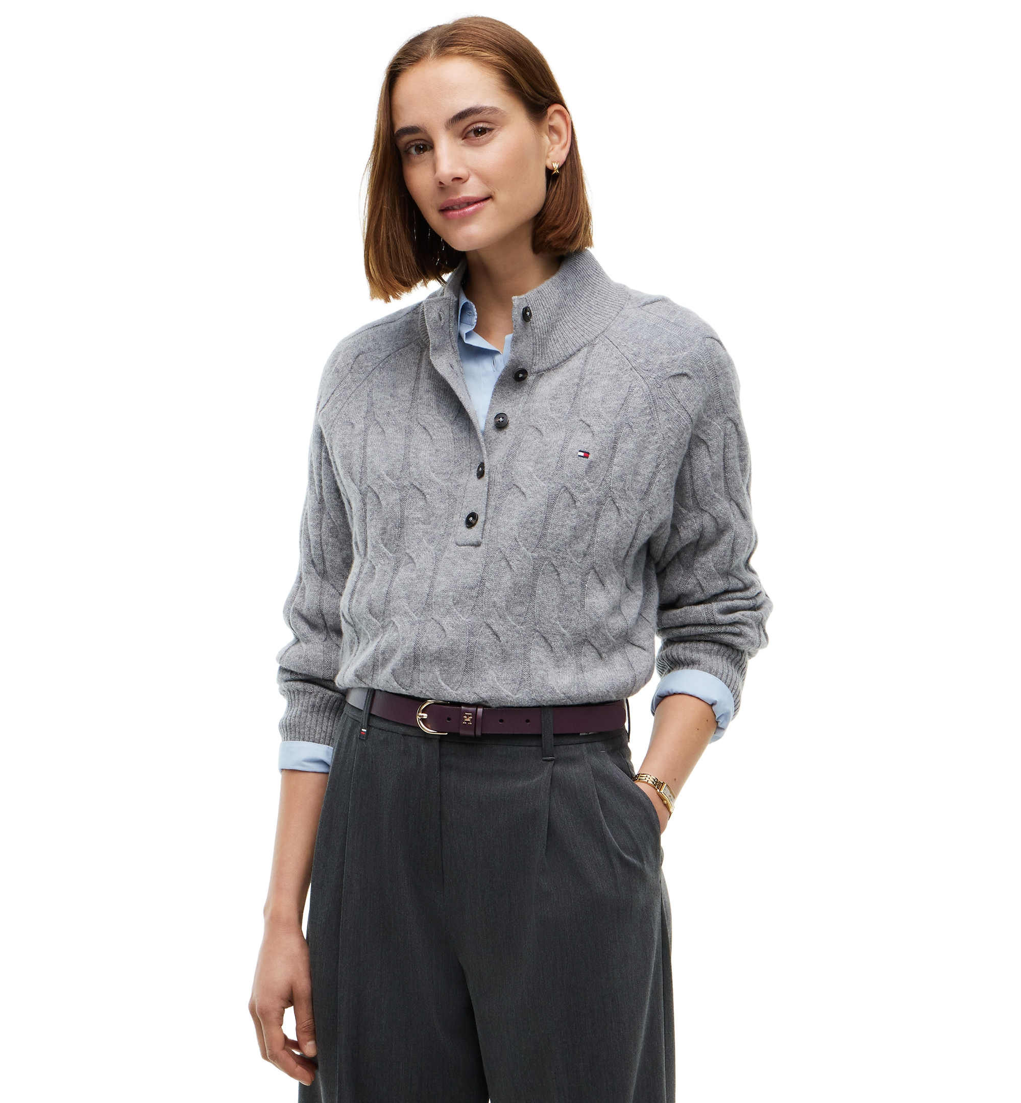 Tommy Hilfiger Women's 100% Wool Cable-Knit Mock Neck Sweater - Medium Grey Heather