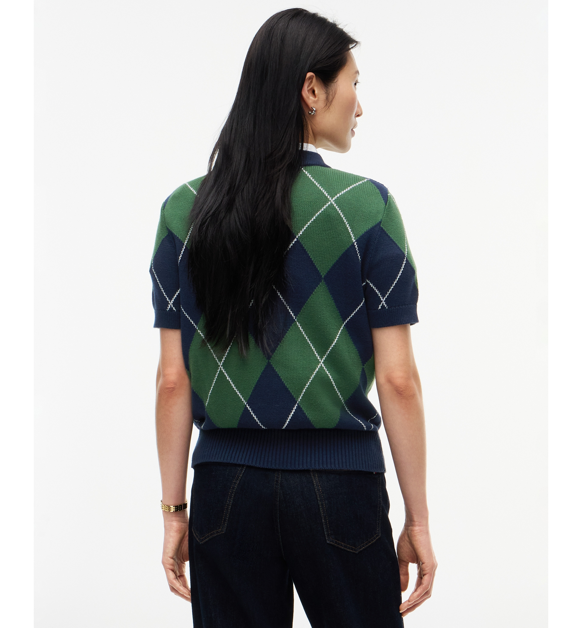 Tommy Hilfiger Women's Tartan Argyle Short-Sleeve Sweater - Argyle Deep Evergreen Dark Blue