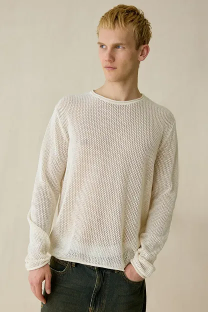 UO Mason Mesh Crew Neck Sweater - Ivory