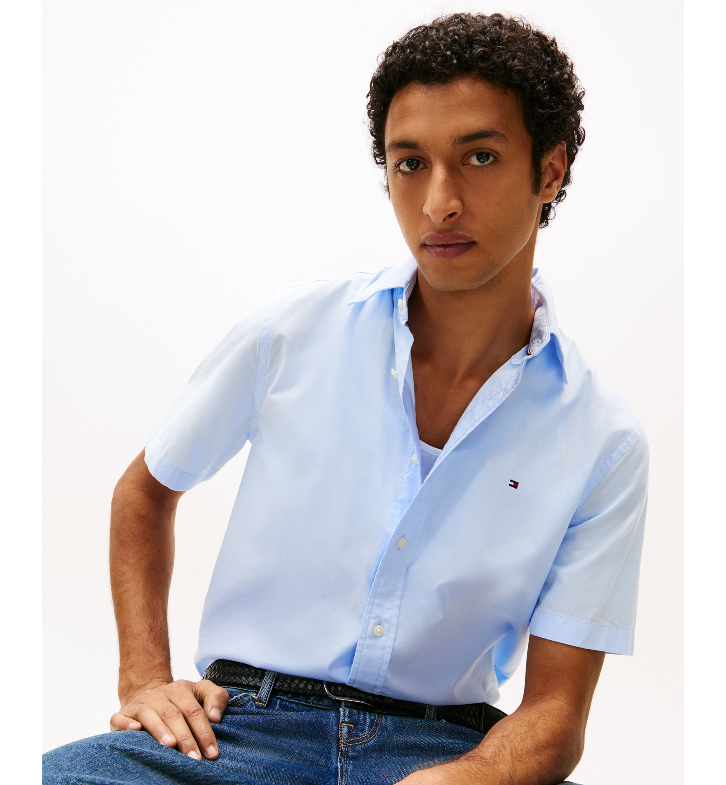 Tommy Hilfiger Men's Short Sleeve Flex Poplin Regular Fit Shirt - Sweet Blue
