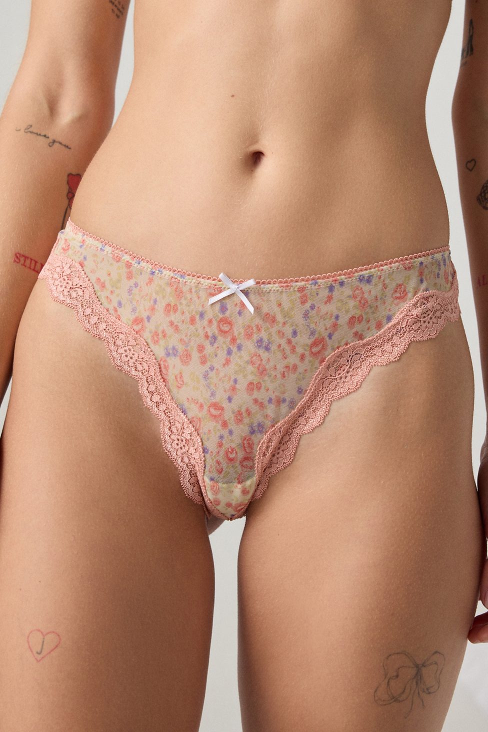 Out From Under Angel Mesh Lace Trim Thong - Pink Combo