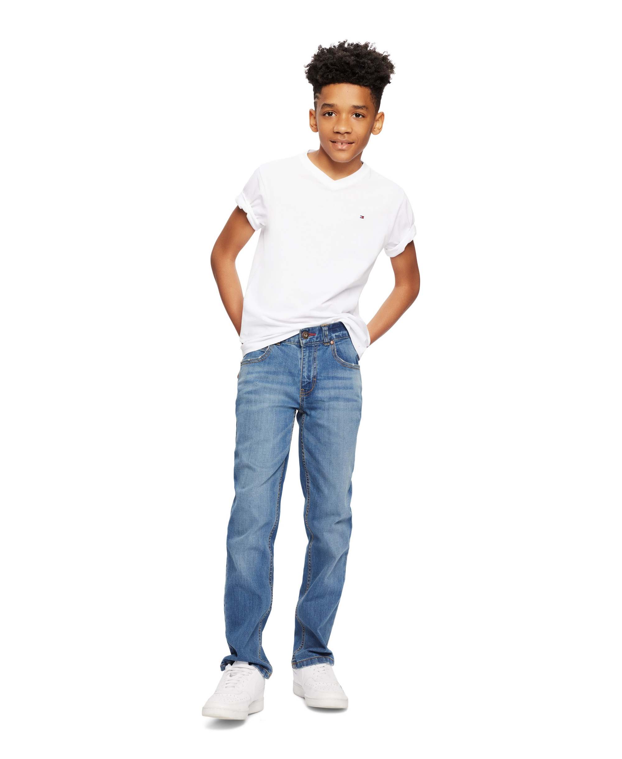 Tommy Hilfiger Boys' 2T-7 Solid Embroidered Logo V-Neck T-Shirt - White
