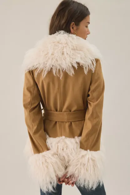 Azalea Wang Tori Faux Fur Trim Wrap Jacket - Tan