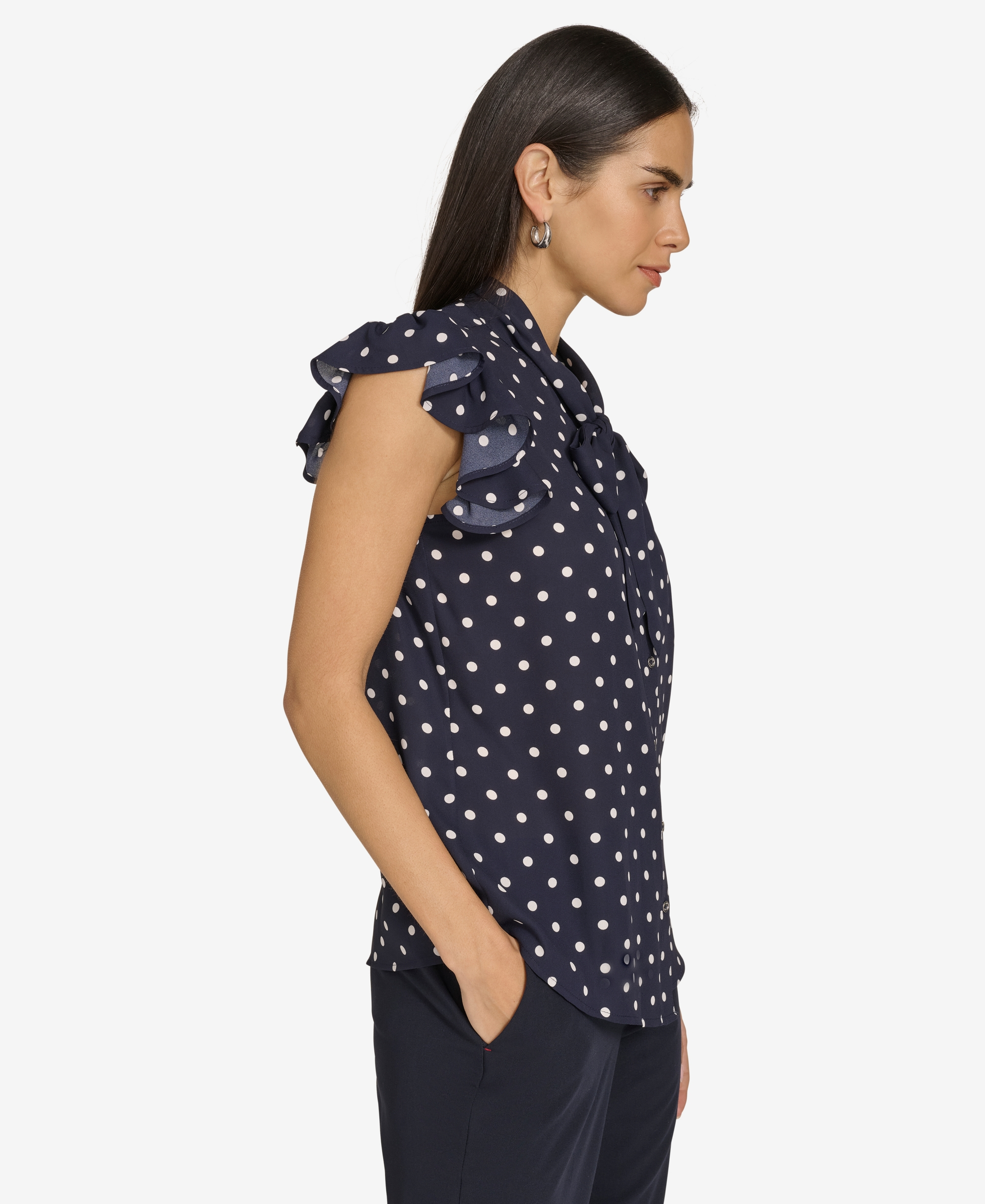 Tommy Hilfiger Women's Ruffle-Sleeve Bow Blouse - Midnight/Ivory
