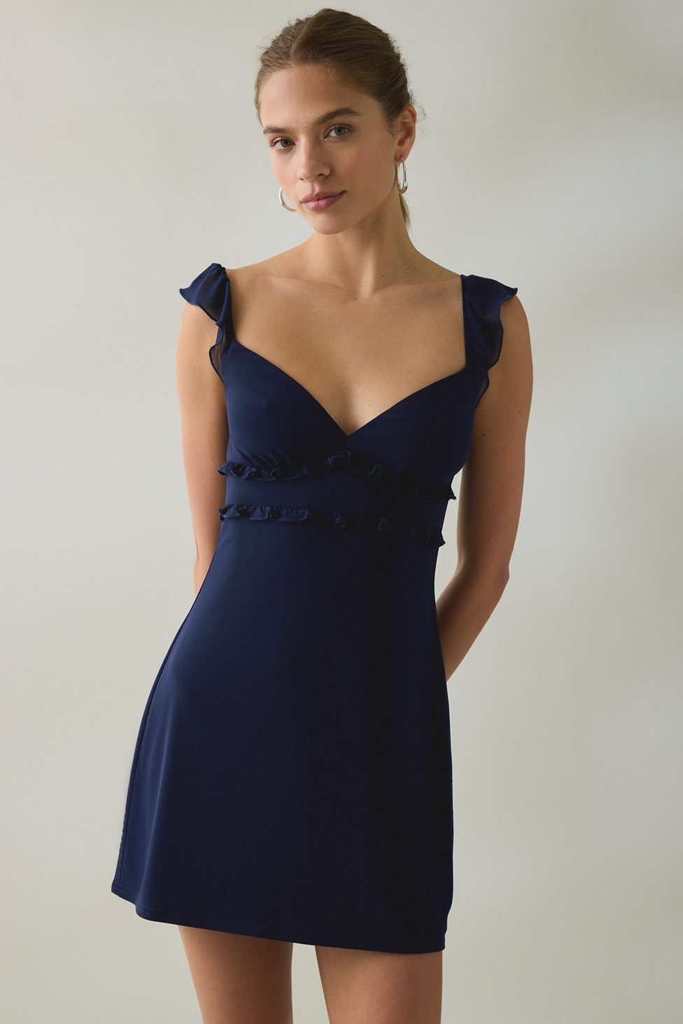 UO Nina Ruffle Trim Mesh Mini Dress - Navy