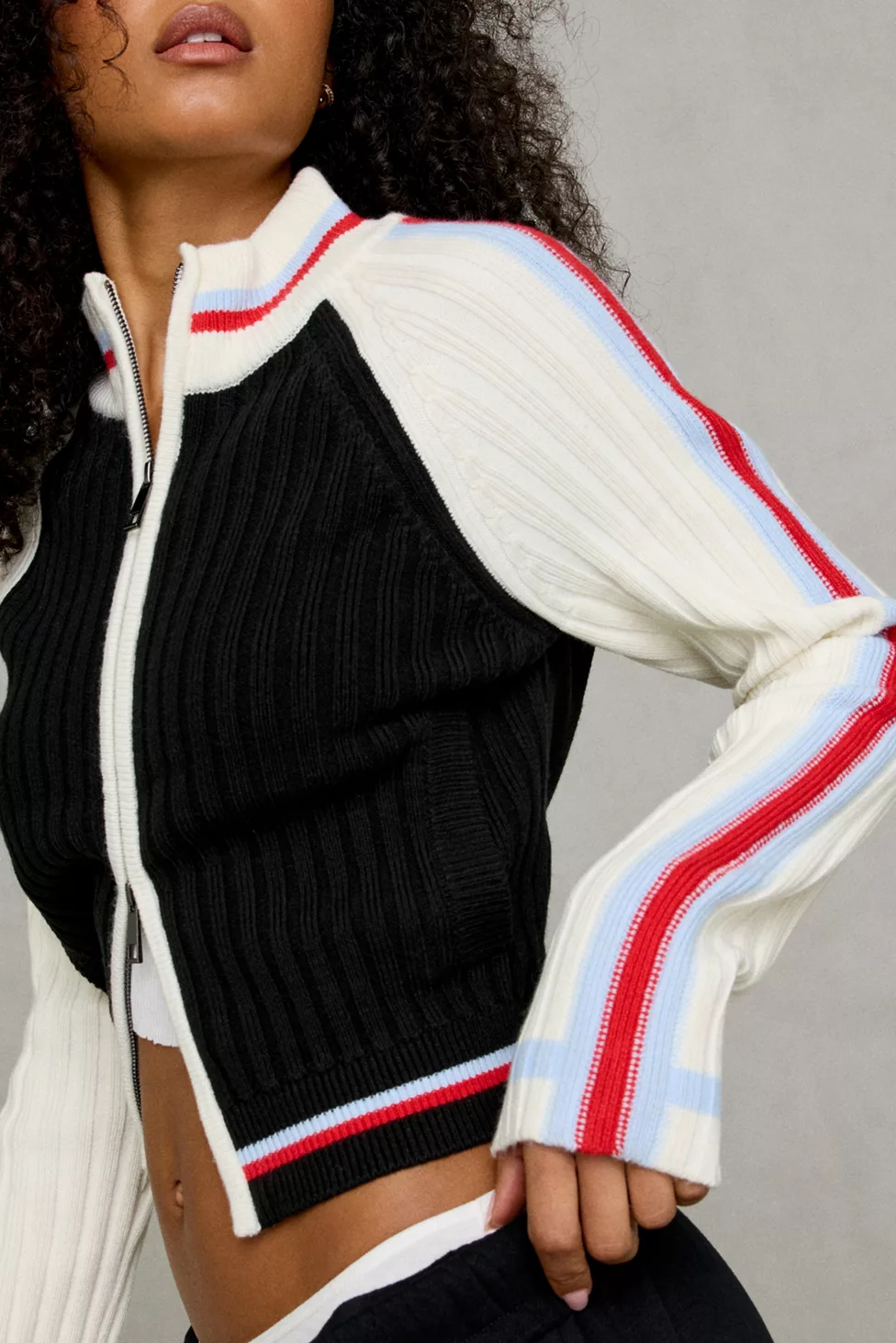 BDG Ruby Ribbed Knit Mockneck Zip-Up Cardigan - Black Multi