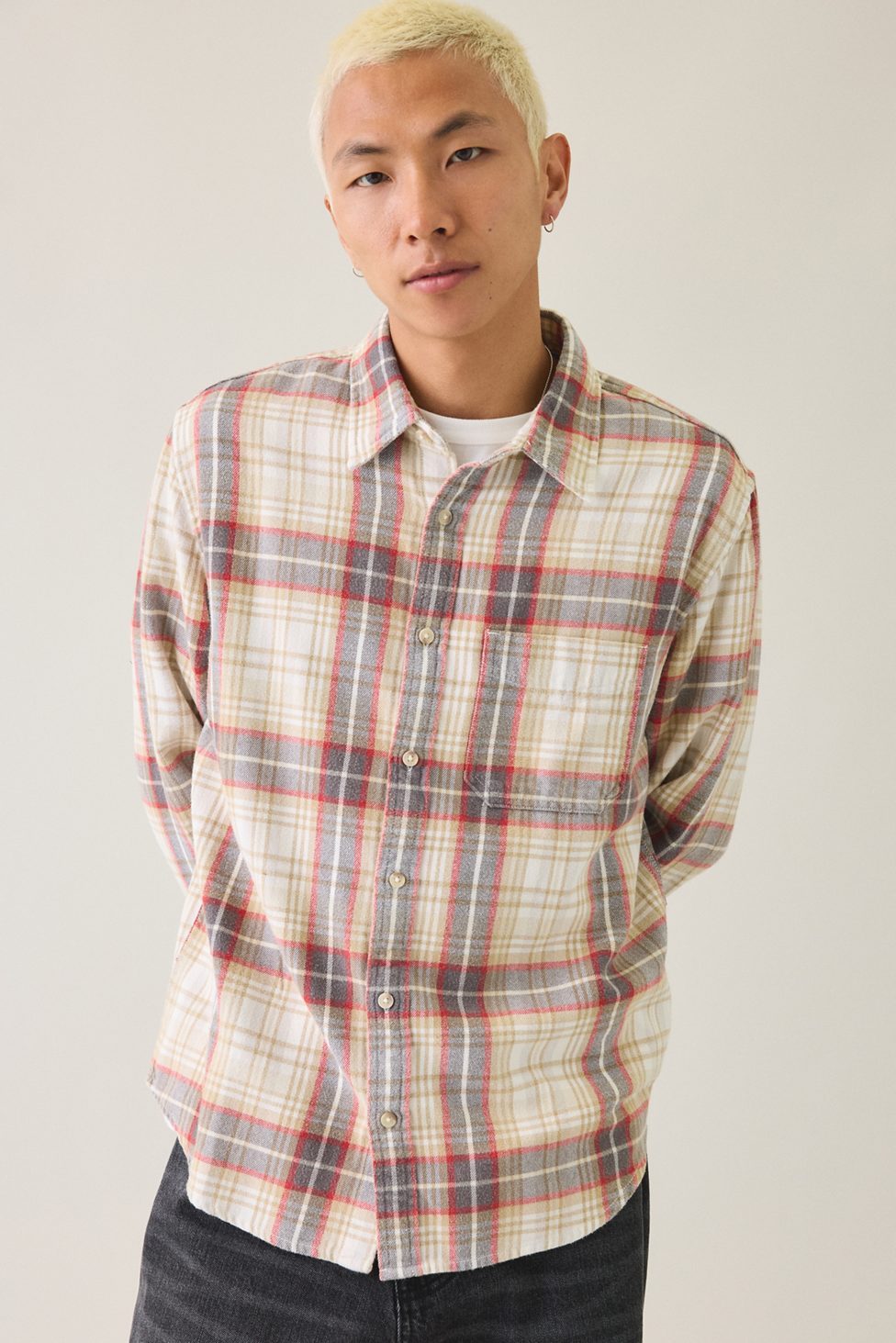 BDG Baggy Flannel Long Sleeve Shirt - Beige