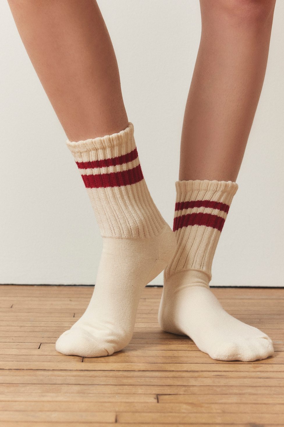Athletic Striped Scrunch Crew Socks - Cream + Red Stripe