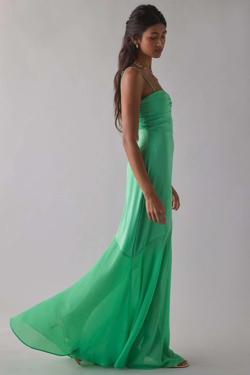 UO Sky High Sheer Illusion Asymmetric Maxi Dress - Light Green
