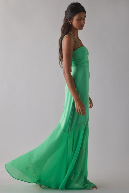 UO Sky High Sheer Illusion Asymmetric Maxi Dress - Light Green