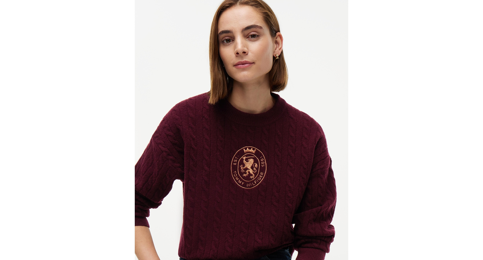 Tommy Hilfiger Women's Cable-Knit Crewneck Embroidered Crest Sweater - Deep Burgundy