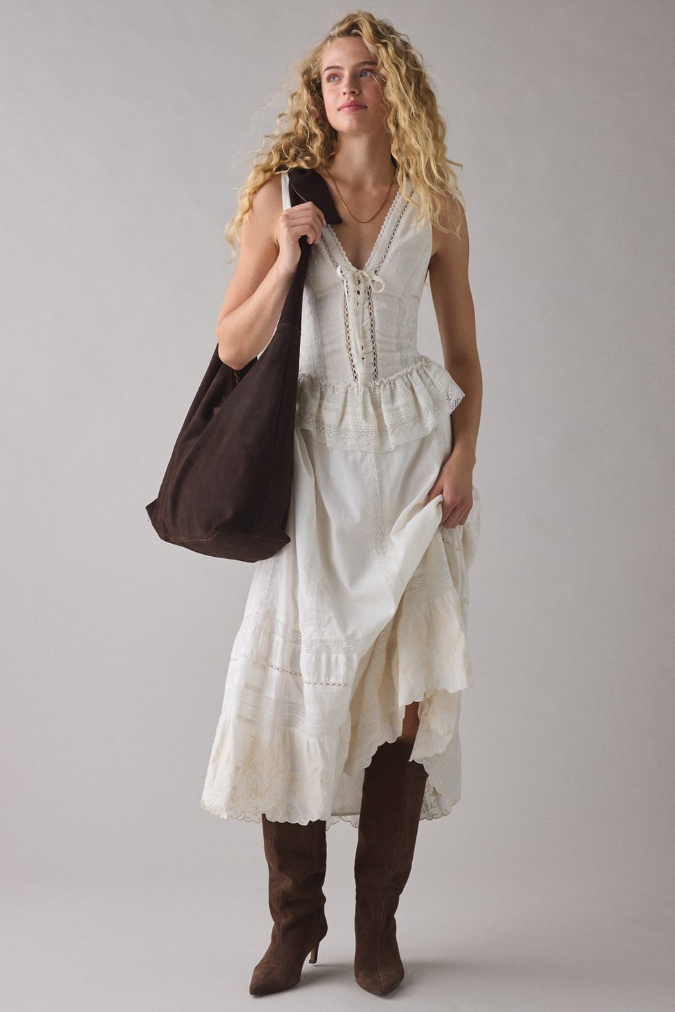 UO Perfectly Victorian Lace Trim Corset Midi Dress - White