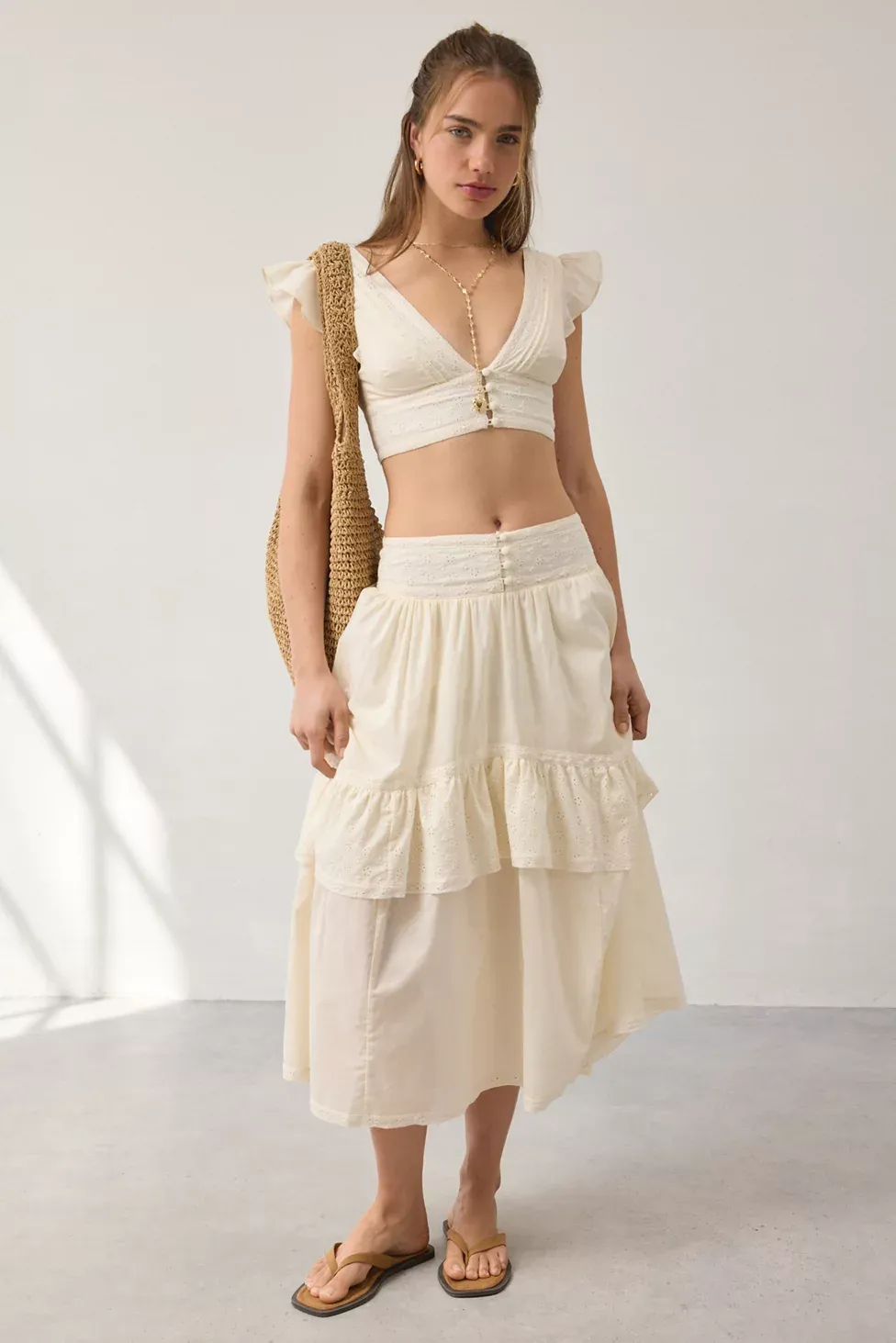 Kimchi Blue Seaside Splash Ruffle Lace Trim Midi Skirt 2-Piece Set - Ivory