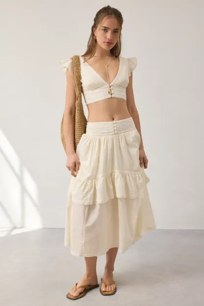 Kimchi Blue Seaside Splash Ruffle Lace Trim Midi Skirt 2-Piece Set - Ivory