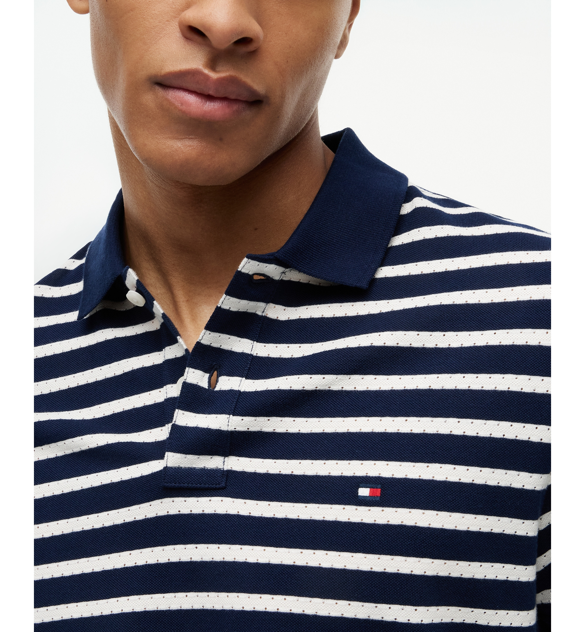 Tommy Hilfiger Men's Regular-Fit Perforated Jersey Stripe Polo Shirt - Navy / Ivory Petal