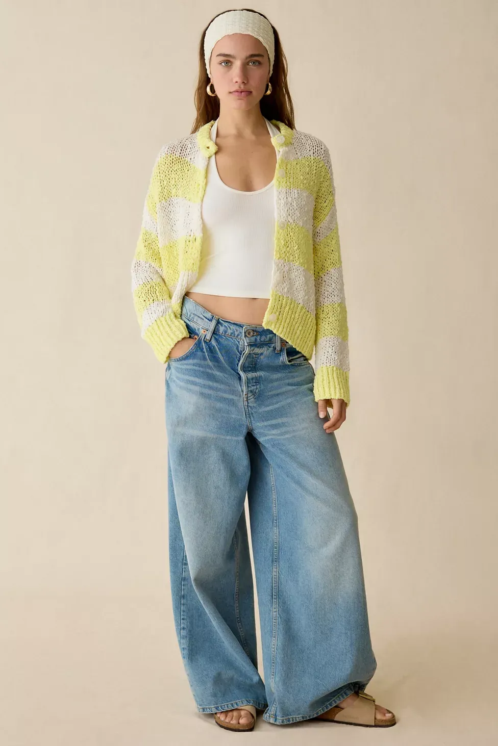 BDG Bridget Cotton Slub Knit Oversized Cardigan - Yellow Multi