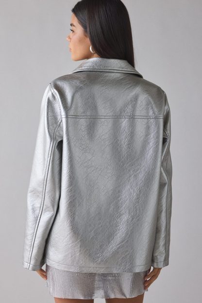 UO Sydney Faux Leather Oversized Dad Jacket - Silver