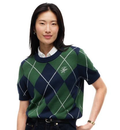 Tommy Hilfiger Women's Tartan Argyle Short-Sleeve Sweater - Argyle Deep Evergreen Dark Blue