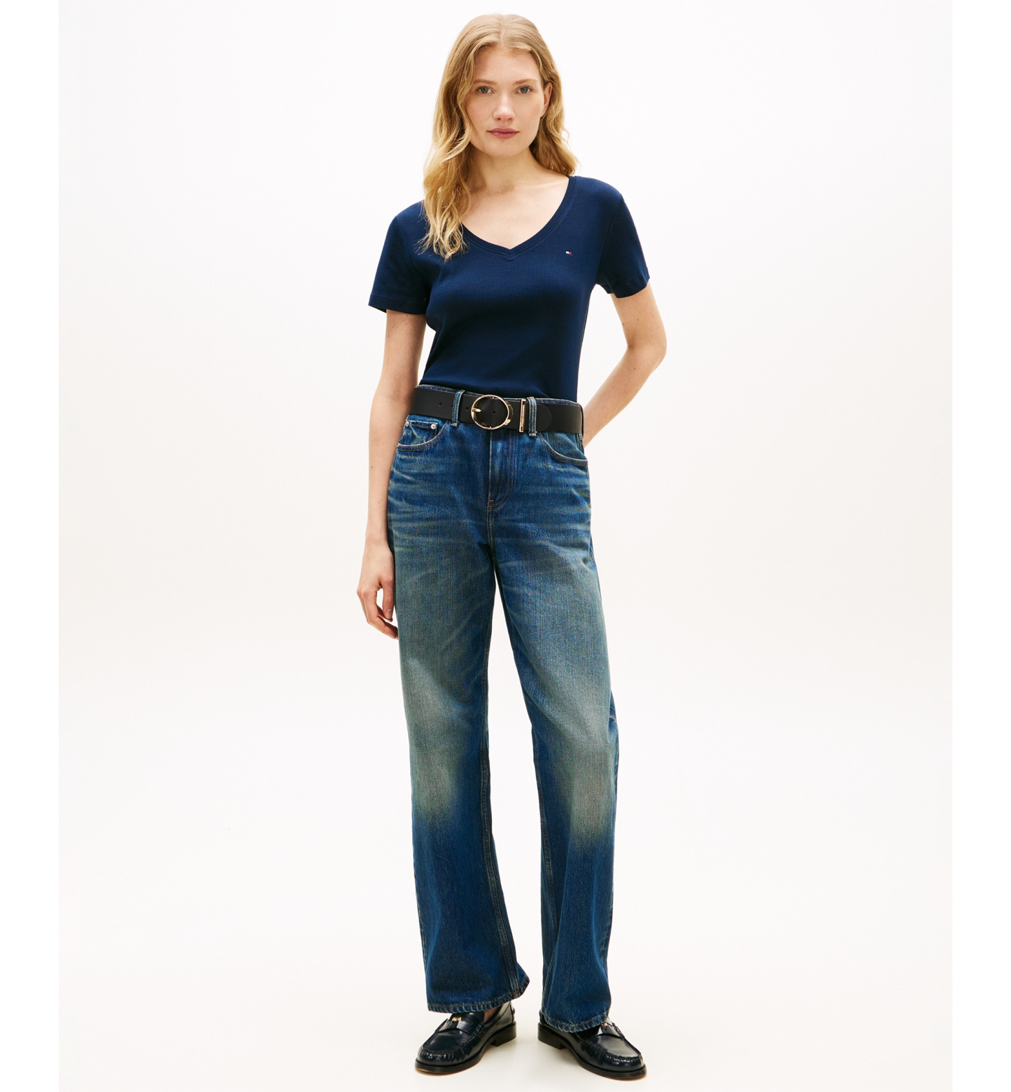 Tommy Hilfiger Women's Rib Slim V-Neck Short-Sleeve T-Shirt - Dark Night Navy