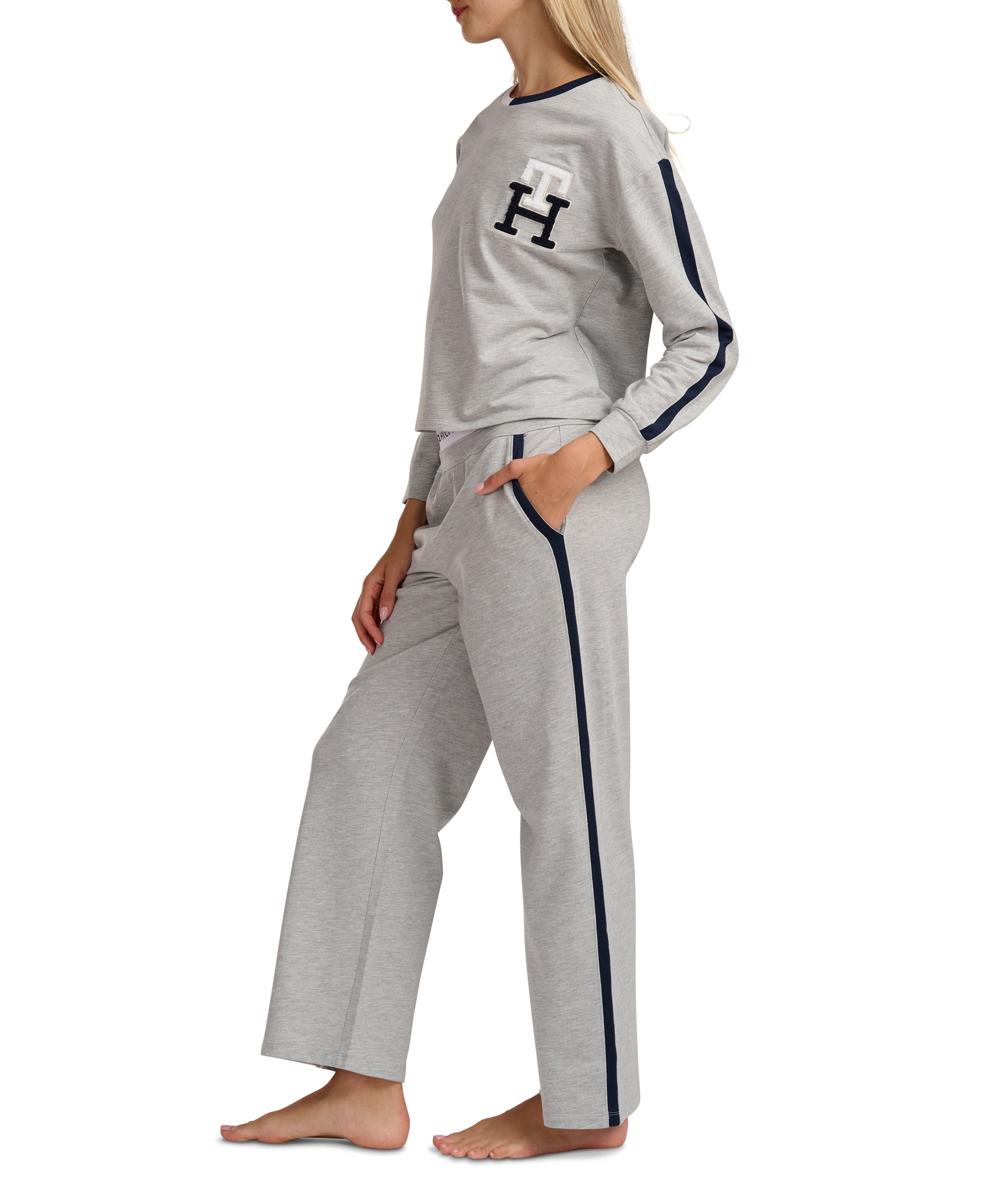 Tommy Hilfiger Women's Long-Sleeve Wide-Leg Pullover and Long Pants, 2-Piece Set - Heather Gray