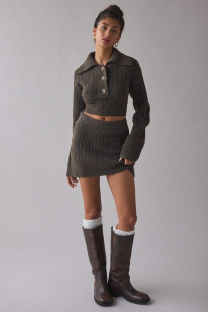 BDG Avery Cable Knit Sweater Skirt 2-Piece Set - Brown