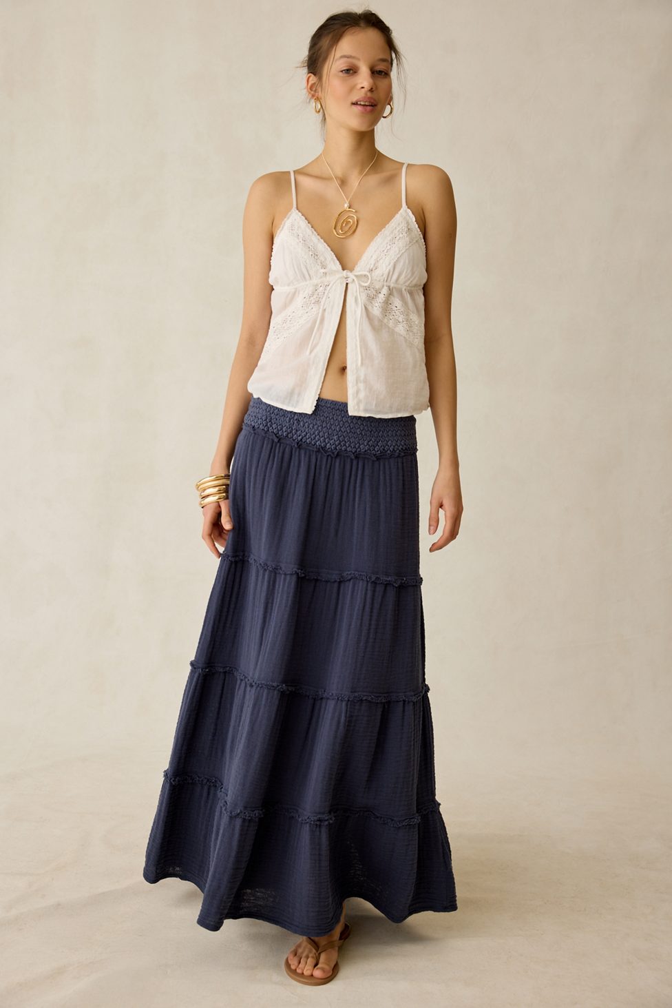 Kimchi Blue On My Mind Smocked Waist Tiered Maxi Skirt - Navy