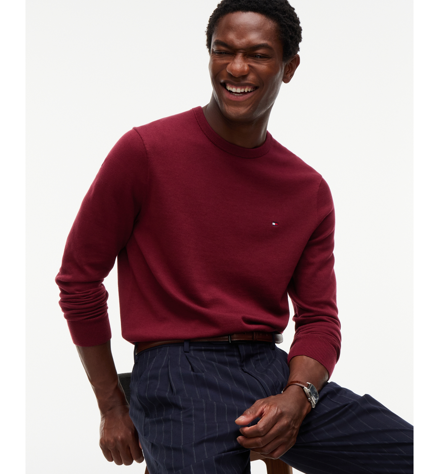 Tommy Hilfiger Men's Essential Cotton Crewneck Sweater - BURGUNDY