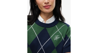 Tommy Hilfiger Women's Tartan Argyle Short-Sleeve Sweater - Argyle Deep Evergreen Dark Blue