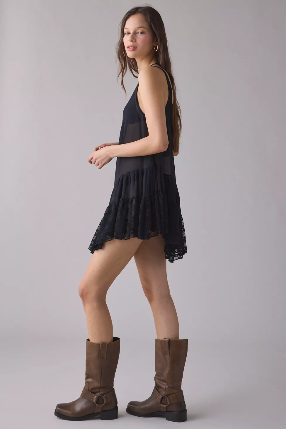 Out From Under River Ruffle Lace Trim Slip Dress - Black