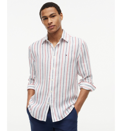 Tommy Hilfiger Men's Linen Textured Stripe Shirt - Medium Red / Stripe