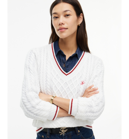 Tommy Hilfiger Women's Cable-Knit V-Neck Sweater - Ecru