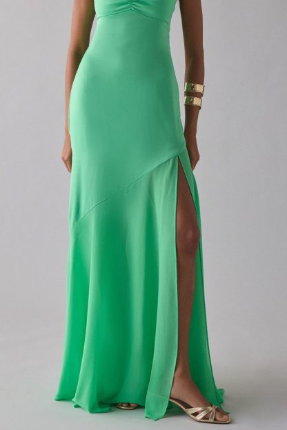 UO Sky High Sheer Illusion Asymmetric Maxi Dress - Light Green