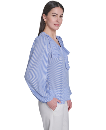 Tommy Hilfiger Women's V-Neck Striped Ruffle Blouse - French Blue/Ivory