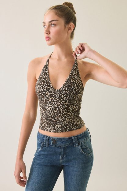 BDG Hold Me Tight Ribbed Racerback Cropped Cami - Leopard