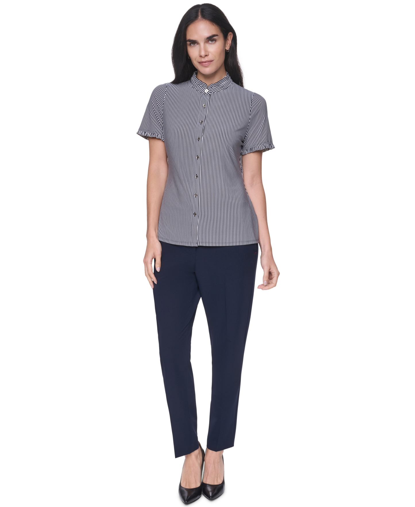 Tommy Hilfiger Women's Short-Sleeve Striped Ruffle Blouse - Midnight/Ivory
