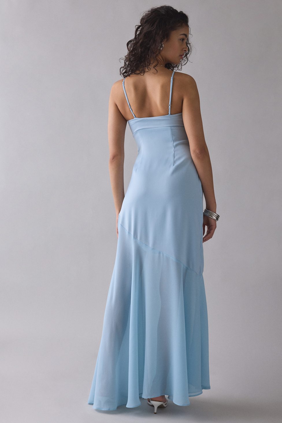 UO Sky High Sheer Illusion Asymmetric Maxi Dress - Light Blue