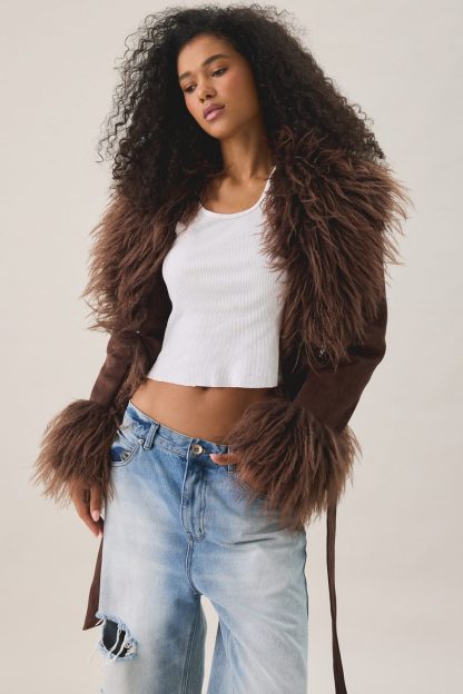 Azalea Wang Tori Faux Fur Trim Wrap Jacket - Brown