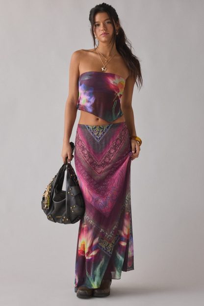 UO Shimmer Haze Printed Mesh Skirt 2-Piece Set - Purple