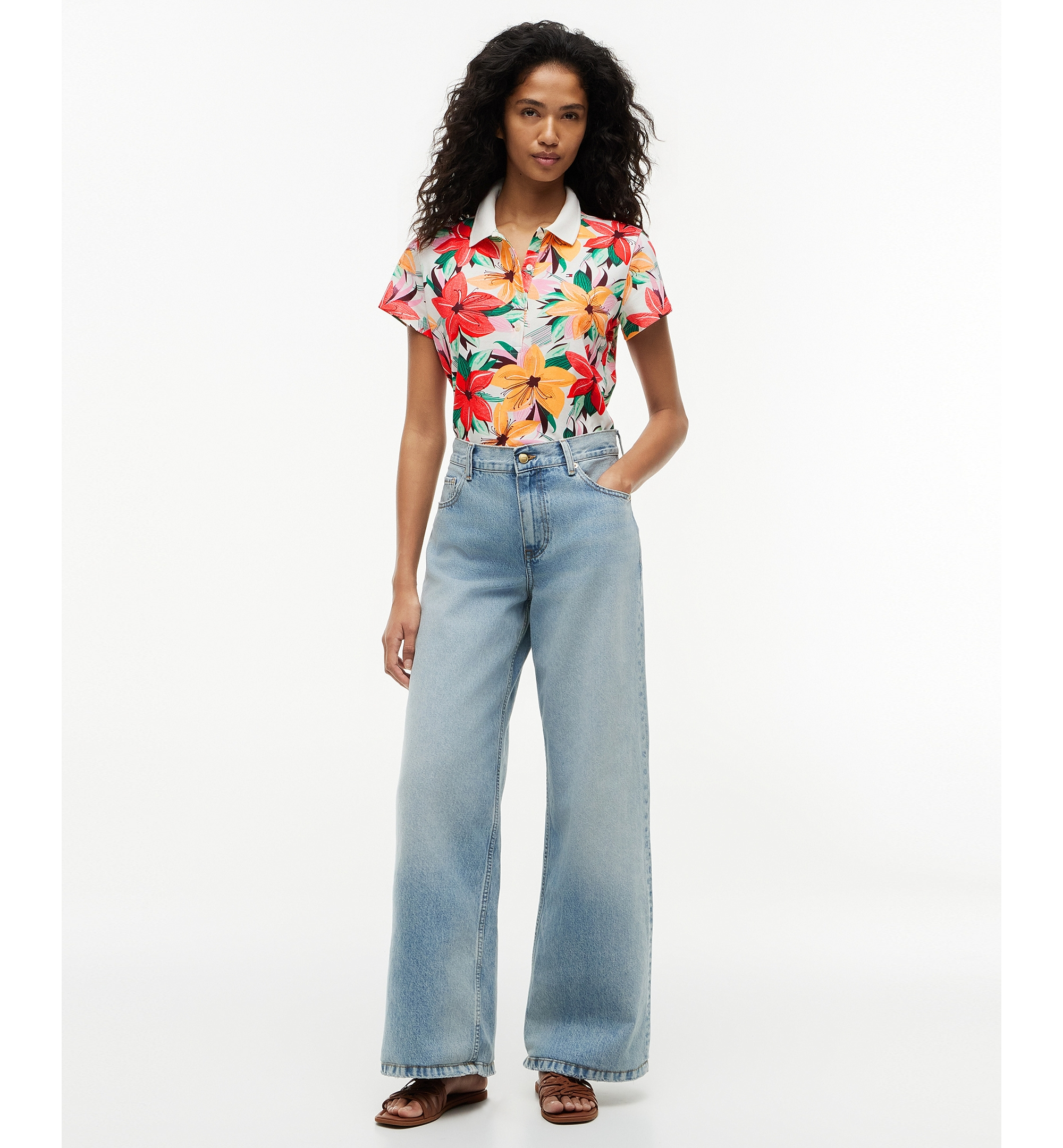 Tommy Hilfiger Women's Printed Short-Sleeve Polo Top - Hibiscus Garden Ecru