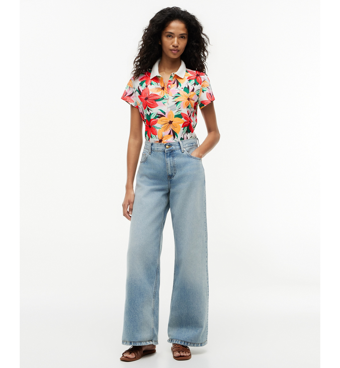 Tommy Hilfiger Women's Printed Short-Sleeve Polo Top - Hibiscus Garden Ecru