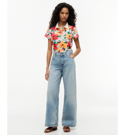 Tommy Hilfiger Women's Printed Short-Sleeve Polo Top - Hibiscus Garden Ecru