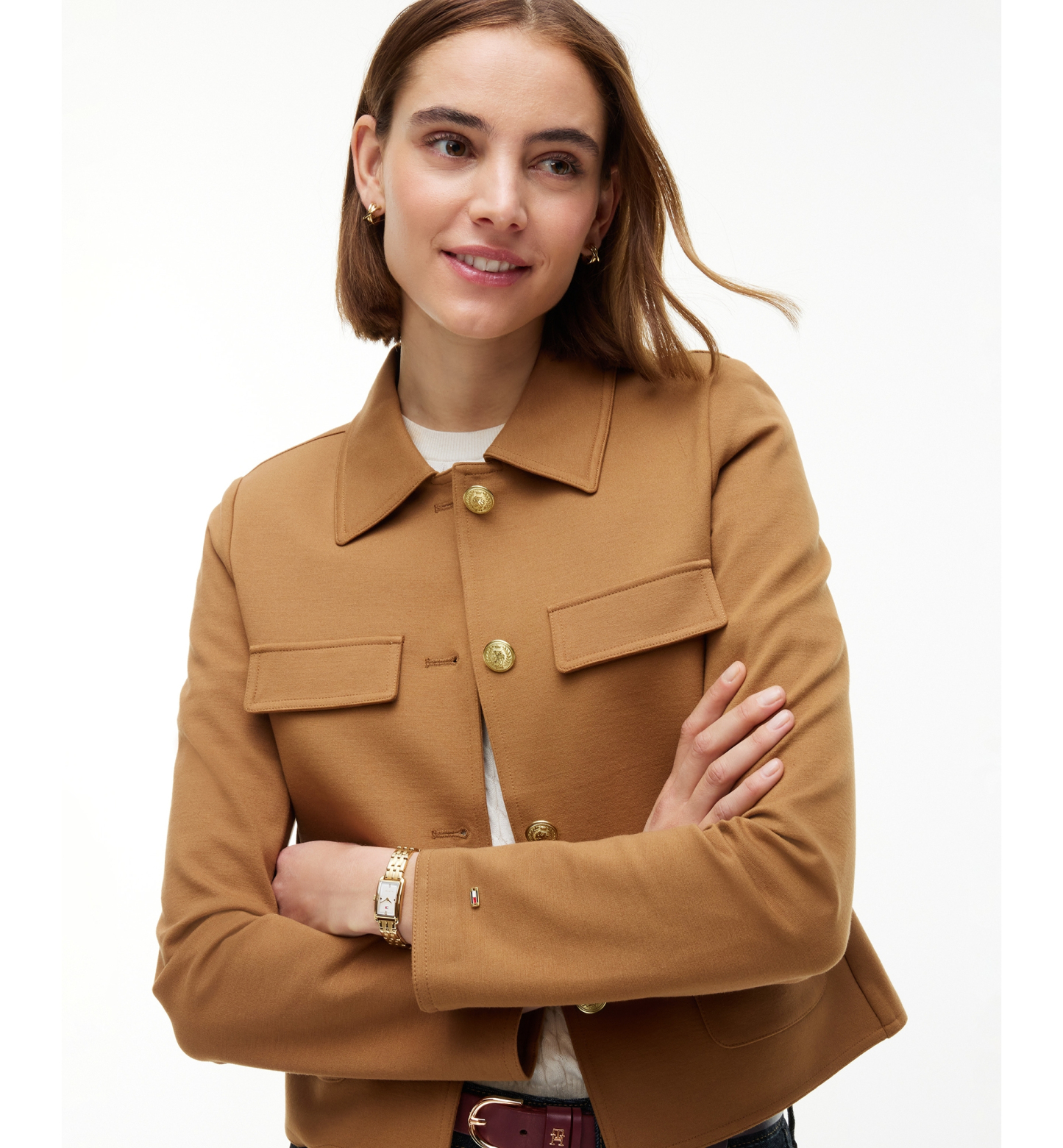 Tommy Hilfiger Women's Ponte Knit Band Collar Jacket - Desert Khaki