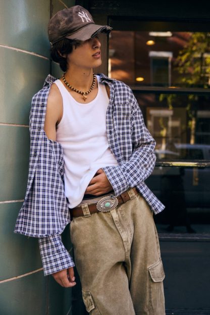 BDG Baggy Flannel Long Sleeve Shirt - Navy